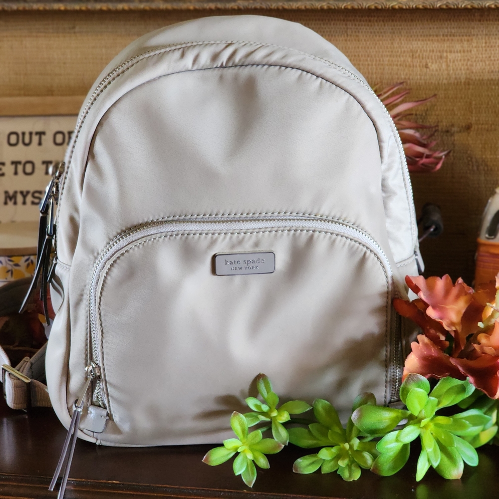 Kate Spade Soft Taupe Medium Backpack with Silver and Leather Accents EUC - Picture 4 of 10